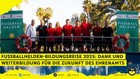 Bildunterschrift: Peter Frymuth (DFB-Vizepräsident), Markus Beer (DFB), die Fußballheld:innen Maria Okomo, Natalie Ebling, Justin Brand, Max Heinen, Johannes Best und Maurice Fender