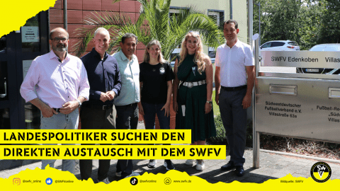 Bildunterschrift: Peter Moskopp (Mitglied des Landtags Rheinland-Pfalz), Dennis Junk (Mitglied des Landtags Rheinland-Pfalz), Michael Monath (SWFV-Verbandsdirektor), Daniela Eble (Leitung der Sportschule Edenkoben), Katharina Schuler (Mitglied des Landtags Rheinland-Pfalz) und Johannes Kölling (Mitglied des Landtags Rheinland-Pfalz)
