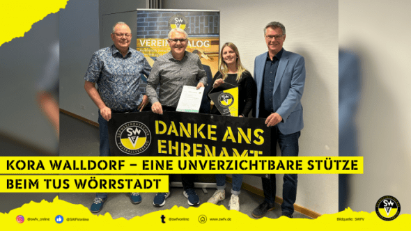 v.l.n.r.: Axel Rolland (Vorsitzender Ausschuss Gesellschaftlicher Verantwortung), Kalli Appelmann (Kreisvorsitzender Alzey-Worms), Kora Walldorf (TuS Wörrstadt) und Thomas Bergmann (SWFV-Präsident)