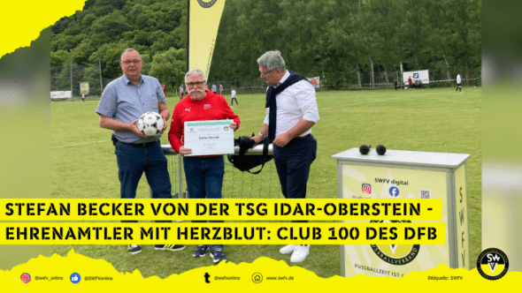 Stefan Becker (mitte) bei der Urkundenübergabe durch Axel Rolland (SWFV Vizepräsident Gesellschaftliche Verantwortung)