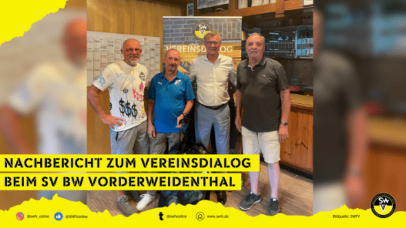 v.l.n.r.: Thomas Erhardt 1. Vorsitzender (SV Birkenhördt) Thomas Feldner 1. Vorsitzender (SV BW Vorderweidenthal) Thomas Bergmann Präsident (SWFV) Hubert Hammer 1. Vorsitzender (SV Gossersweiler-Stein)