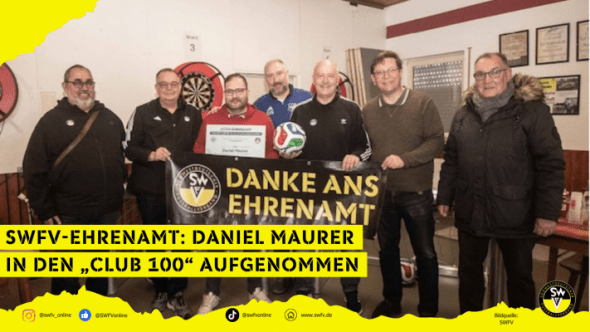 v.l.n.r.: Udo Marx KA Bad Kreuznach , Axel Rolland SWFV-Vizepräsident, Club100 Mitglied Daniel Maurer, 2.Vorsitzender TUS Meddersheim Stephan Weck, Kreisehrenamtsbeauftragter und stellv. Kreisvorsitzender Bad Kreuznach Werner Ehle, Ortsbürgermeister von Meddersheim Bernd Schuhmacher und Kreisausschussmitglied Bad Kreuznach Jörg Beddies