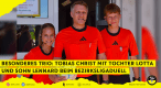 Tobias Christ (mitte) mit Tochter Lotta (links) und Sohn Lennard (rechts) vor dem Bezirksligaspiel zwischen dem 1. FC 08 Hassloch und dem FV Freinsheim