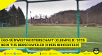 Bild mit Sportplatz durch ein Tornetz fotografiert. Im Hintergrund ist die Sportschule Edenkoben.
