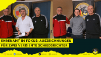 Bildcollage - v.l.n.r. Frank Roß (Kreisschiedsrichterobmann Rhein-Mittelhaardt), Rolf Scheib (Schiedsrichter - TuS Friedelsheim), Ferit Isufaj (Kreisehrenamtsbeauftragter Kreis Rhein-Mittelhaardt), daneben zwischen den beiden Lars Busch