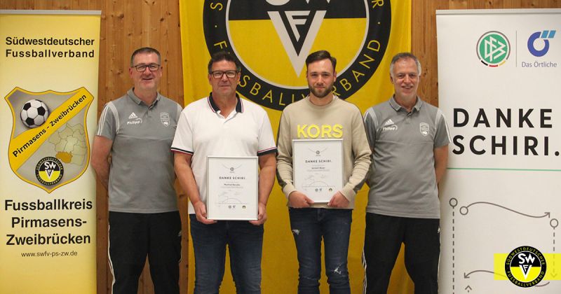 „Danke Schiri 2024 PSZW“: Alexander Seiberth, Manfred Barudio, Jermain Bauer, Ralf Vollmar (von links) Danke Schiri Kreis Pirmasens-Zweibrücken